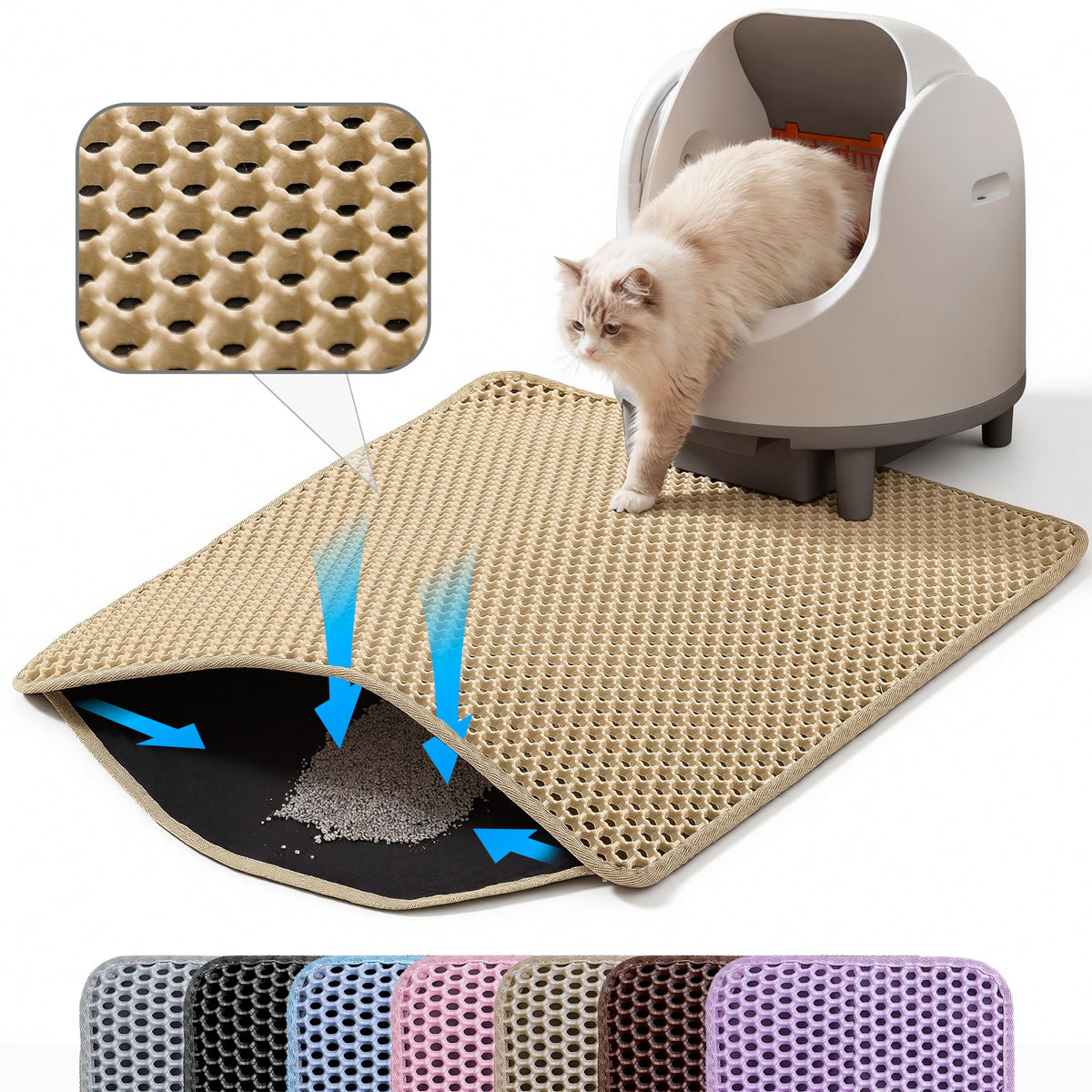 Petinstinct XL litter mat with honeycomb top layer traps litter effectively.