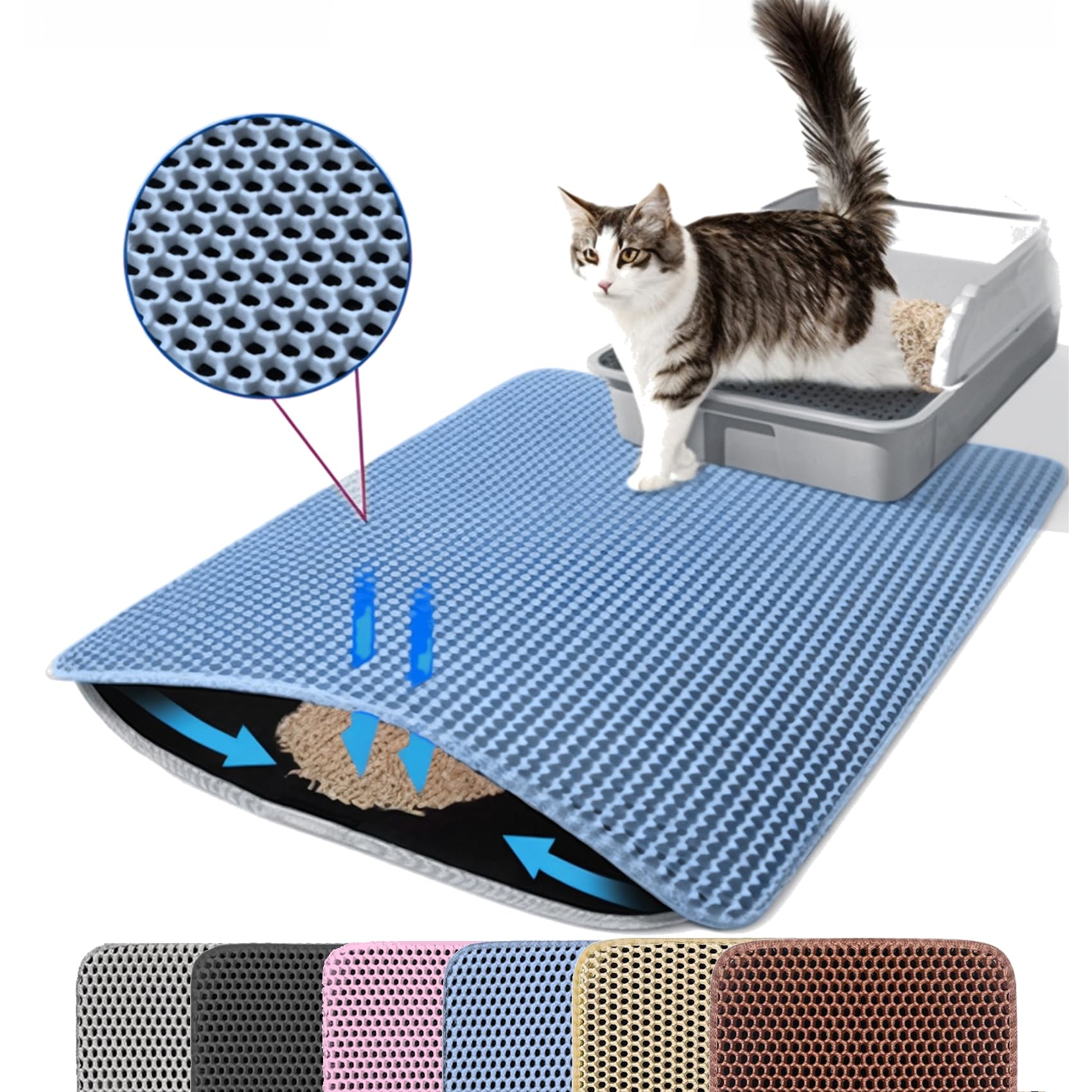Petinstinct XL blue cat litter mat in front view protecting paws and floors