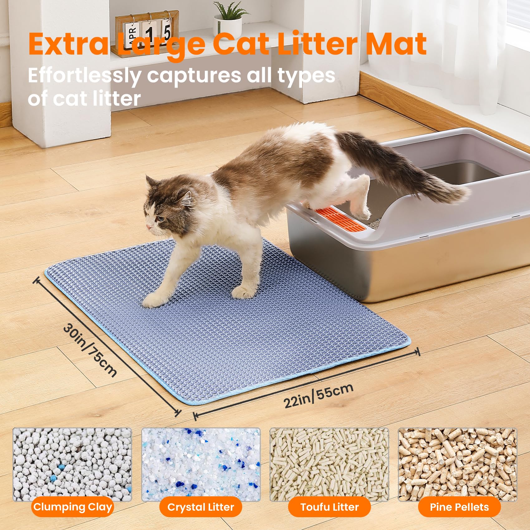 Petinstinct XL blue mat placed under a litter box to catch stray litter