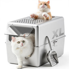 Petinstinct XL enclosed litter box with lid showcases durable stainless steel for easy cleaning.