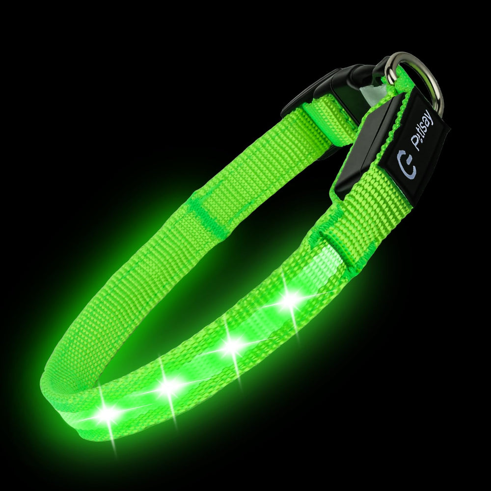 PetIsay LED collar green closeup shows bright LEDs and even lighting.