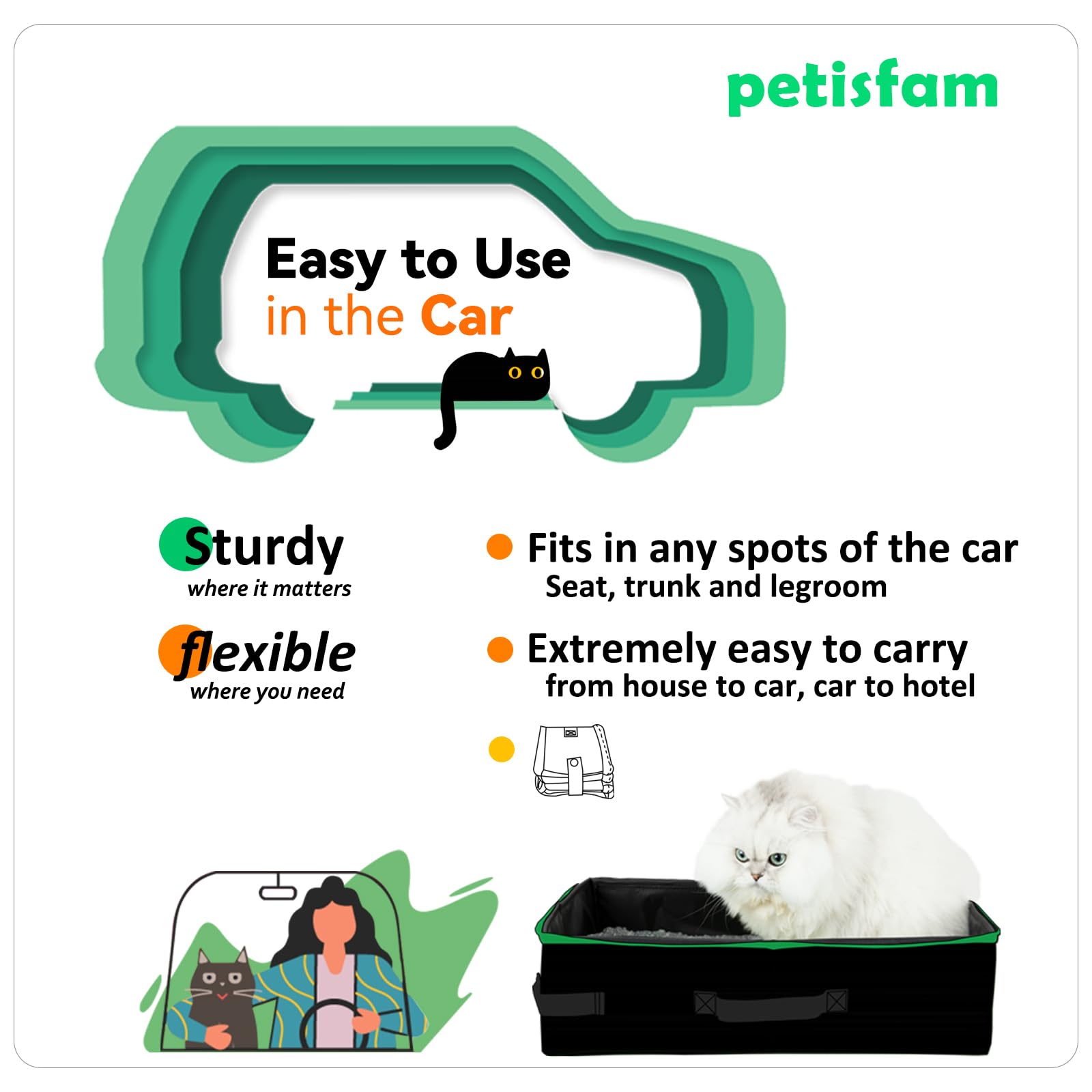 Petisfam fits in car backseat for road trips and hotels.