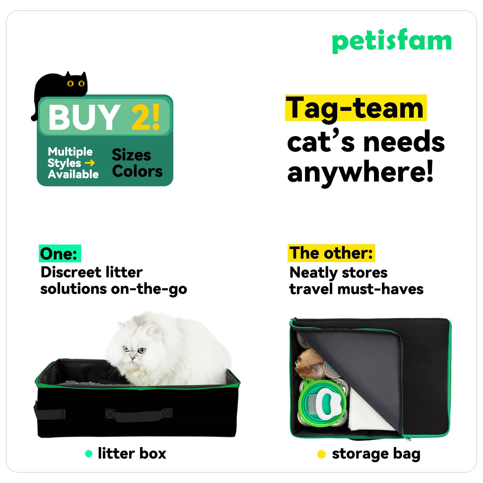 Petisfam box in car during road trip shows portable comfort for cats