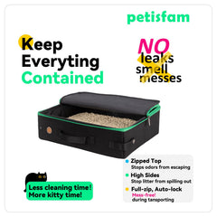 Petisfam travel light box in hotel room demonstrating mess containment