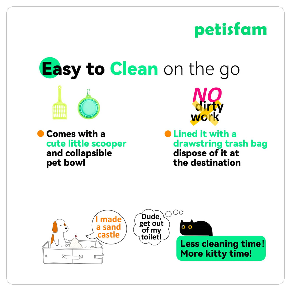 Petisfam box with scoop and foldable bowl ready for on-the-go cleaning