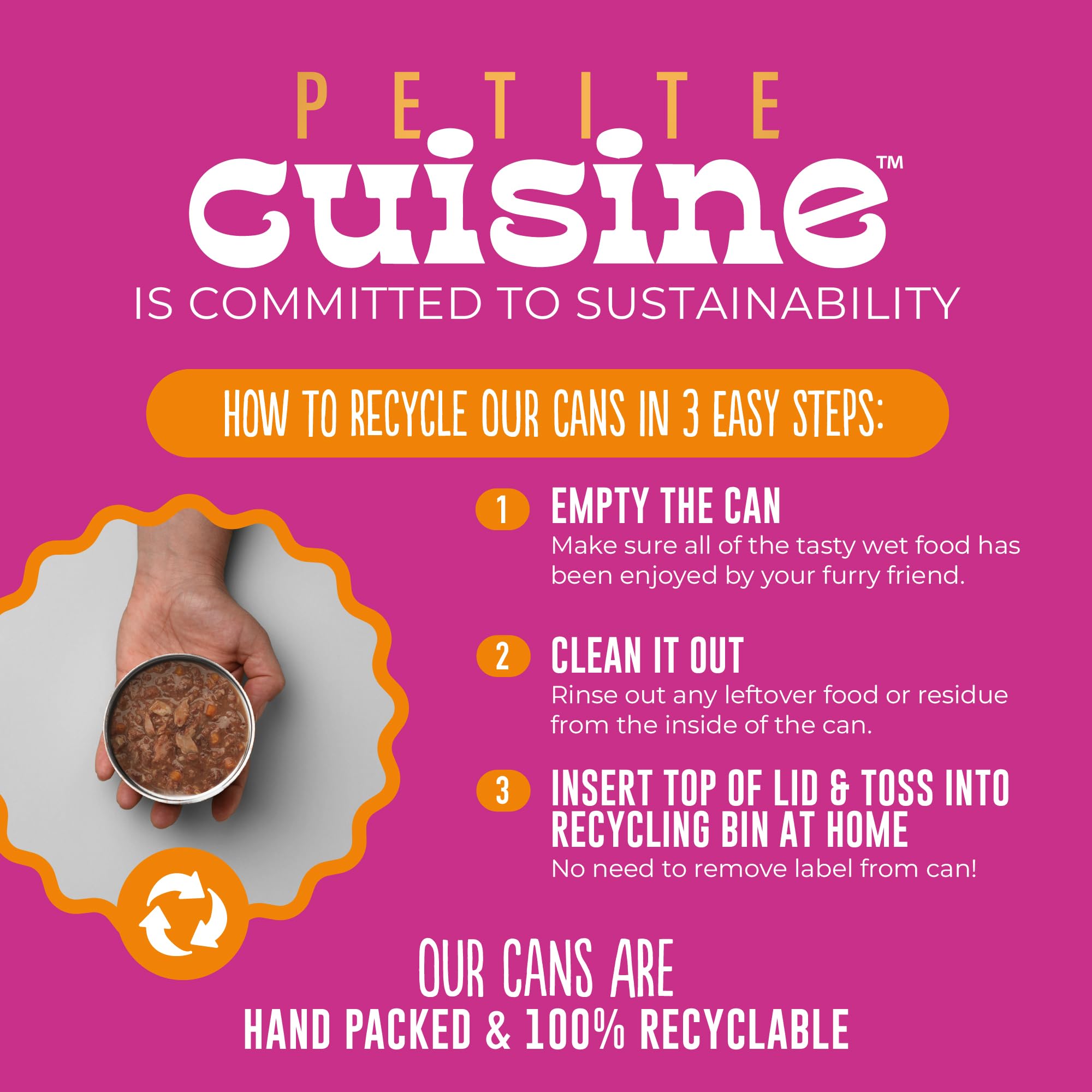 Petite Cuisine label highlights real tuna and salmon with sweet potato pieces.