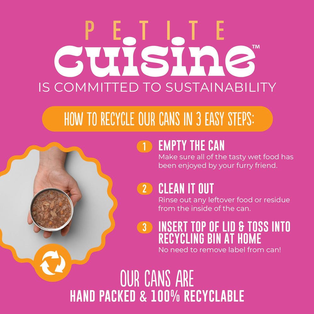 Petite Cuisine label highlights real tuna and salmon with sweet potato pieces.
