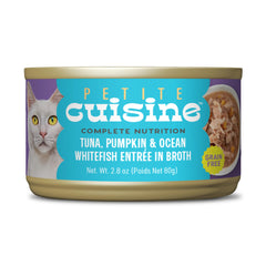 Petite Cuisine tuna-pumpkin-ocean-whitefish entree in broth can, promotes hydration.
