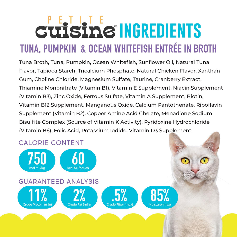Petite Cuisine tuna-pumpkin-ocean-whitefish entree in broth served in bowl for cats.