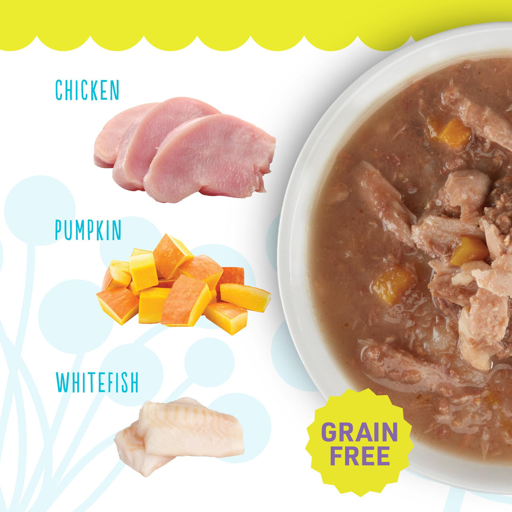 Petite Cuisine tuna-pumpkin-ocean-whitefish entree ingredients label showing non-GMO mix.