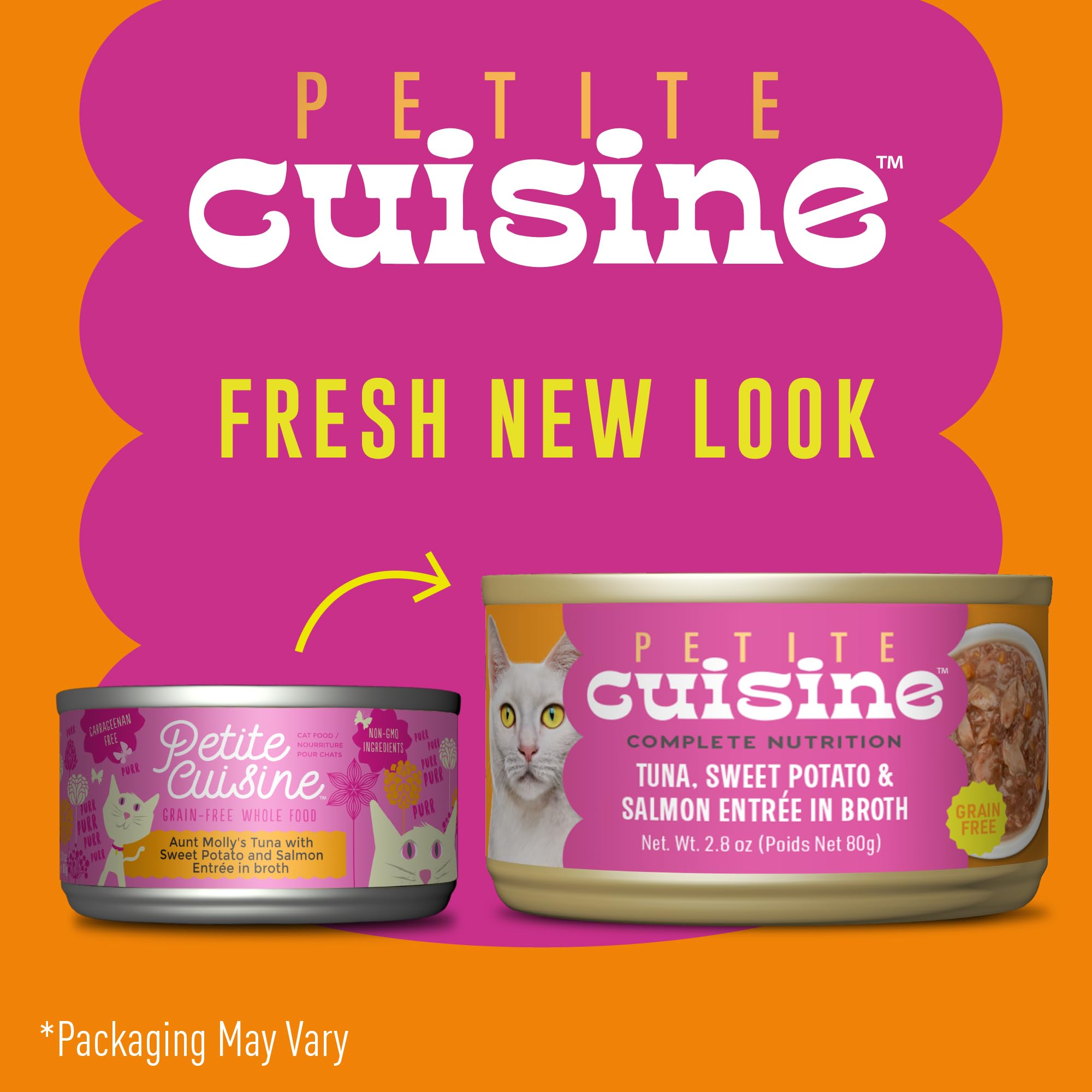 Petite Cuisine tuna-sweet-potato-salmon entree in broth can, closeup shows real tuna chunks.