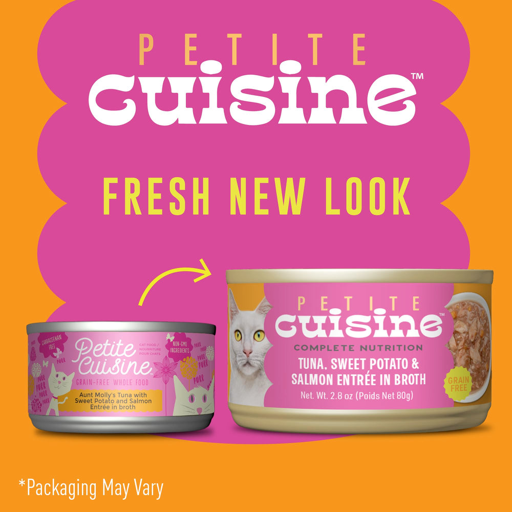 Petite Cuisine tuna-sweet-potato-salmon entree in broth can, closeup shows real tuna chunks.