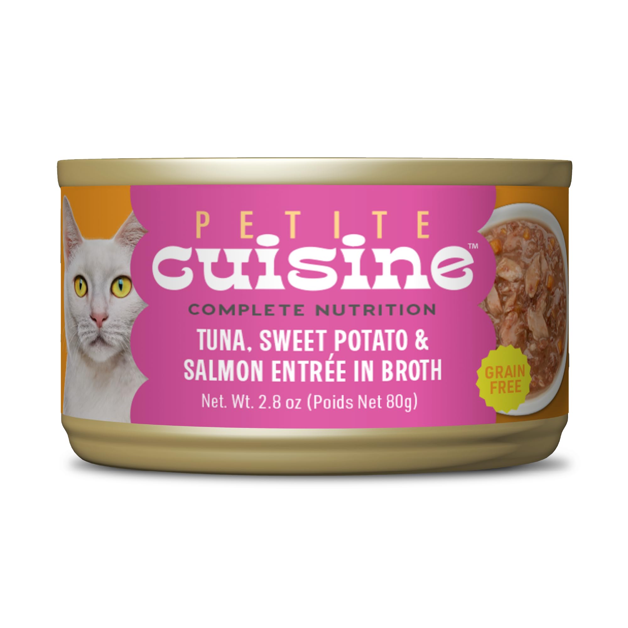 Petite Cuisine tuna-sweet-potato-salmon entree in broth can, high-protein cat meal.