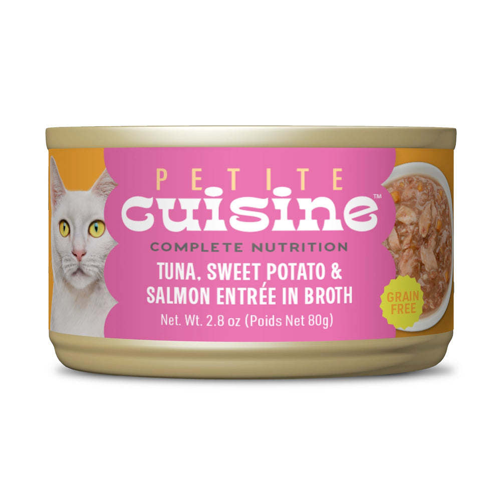 Petite Cuisine tuna-sweet-potato-salmon entree in broth can, high-protein cat meal.
