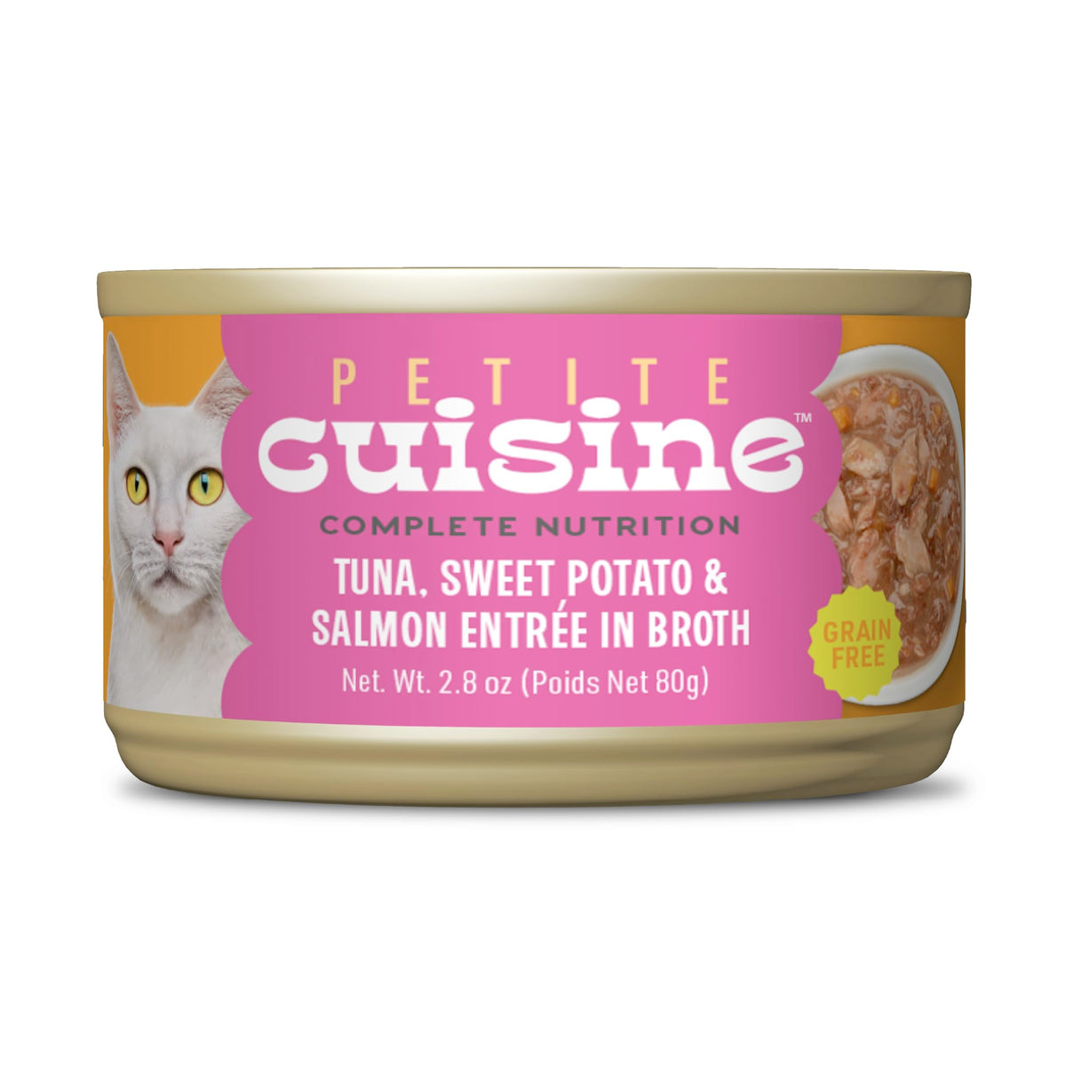 Petite Cuisine tuna-sweet-potato-salmon entree in broth can, high-protein cat meal.
