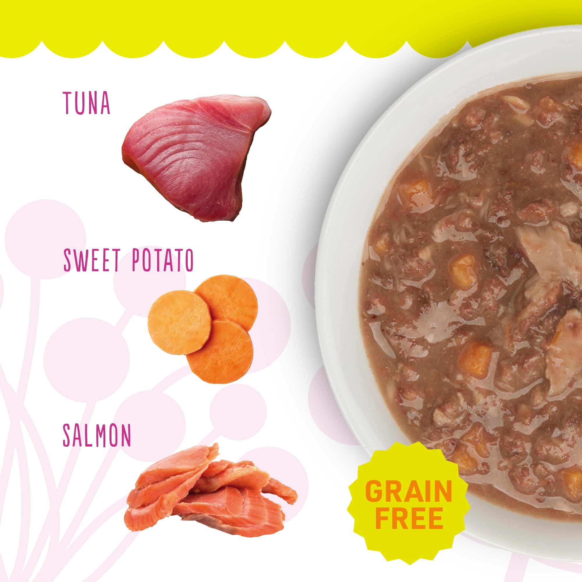 Petite Cuisine tuna-sweet-potato-salmon entree in broth, no corn, wheat, or soy.