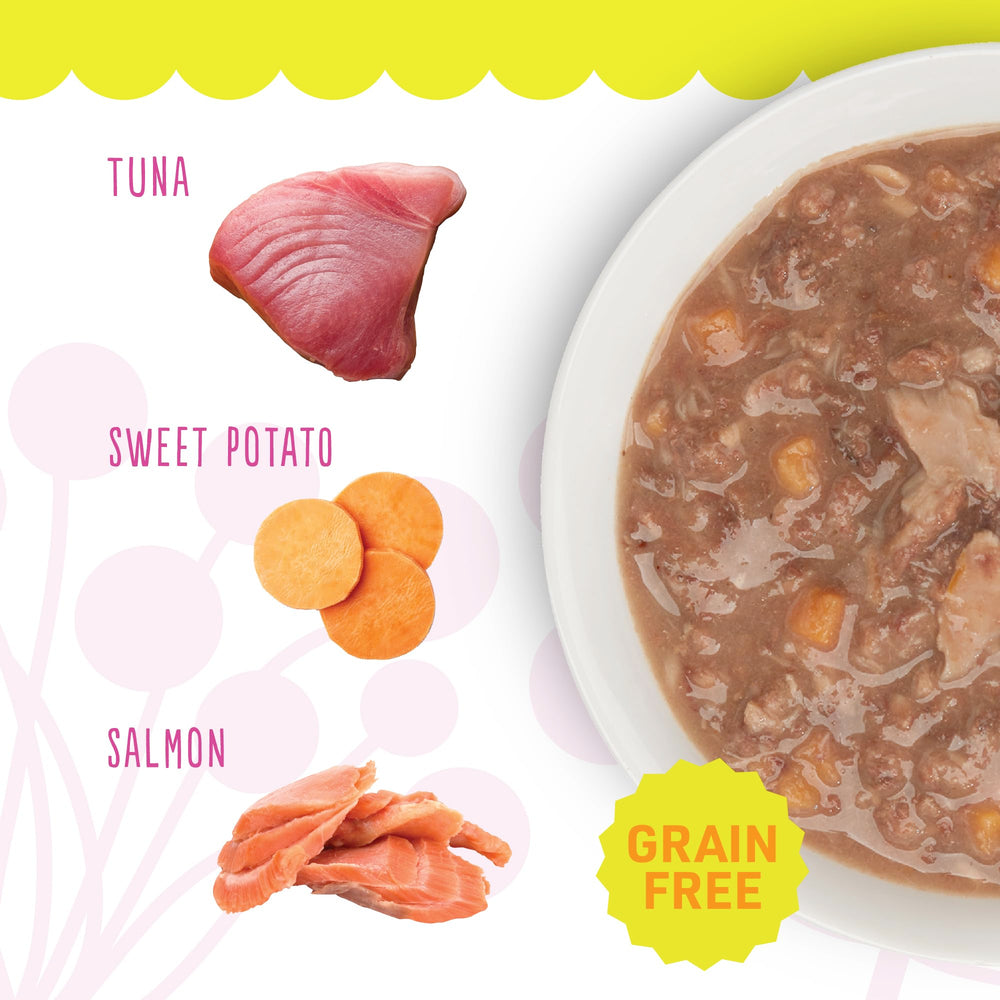 Petite Cuisine tuna-sweet-potato-salmon entree in broth, no corn, wheat, or soy.
