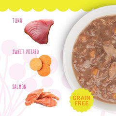 Petite Cuisine tuna-sweet-potato-salmon entree in broth, no corn, wheat, or soy.