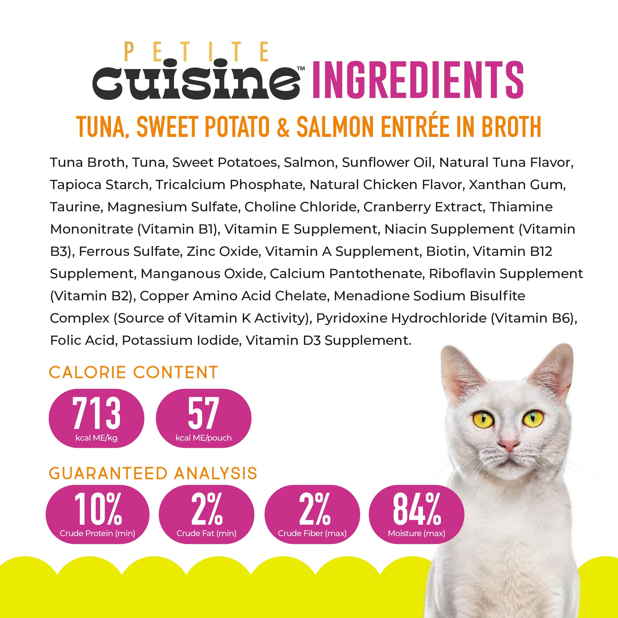Petite Cuisine entree in broth with visible sweet potato chunks, appealing texture for cats.