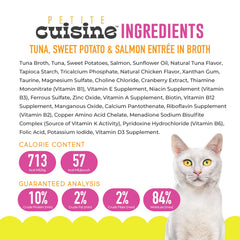 Petite Cuisine entree in broth with visible sweet potato chunks, appealing texture for cats.