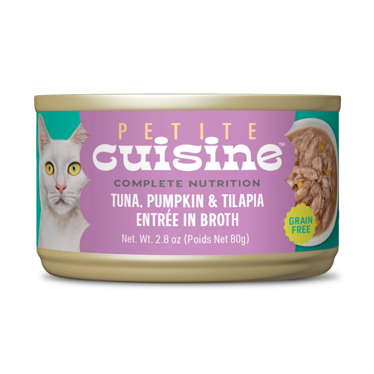 PETITE CUISINE tuna-pumpkin-tilapia entree in broth for hydration and flavor.