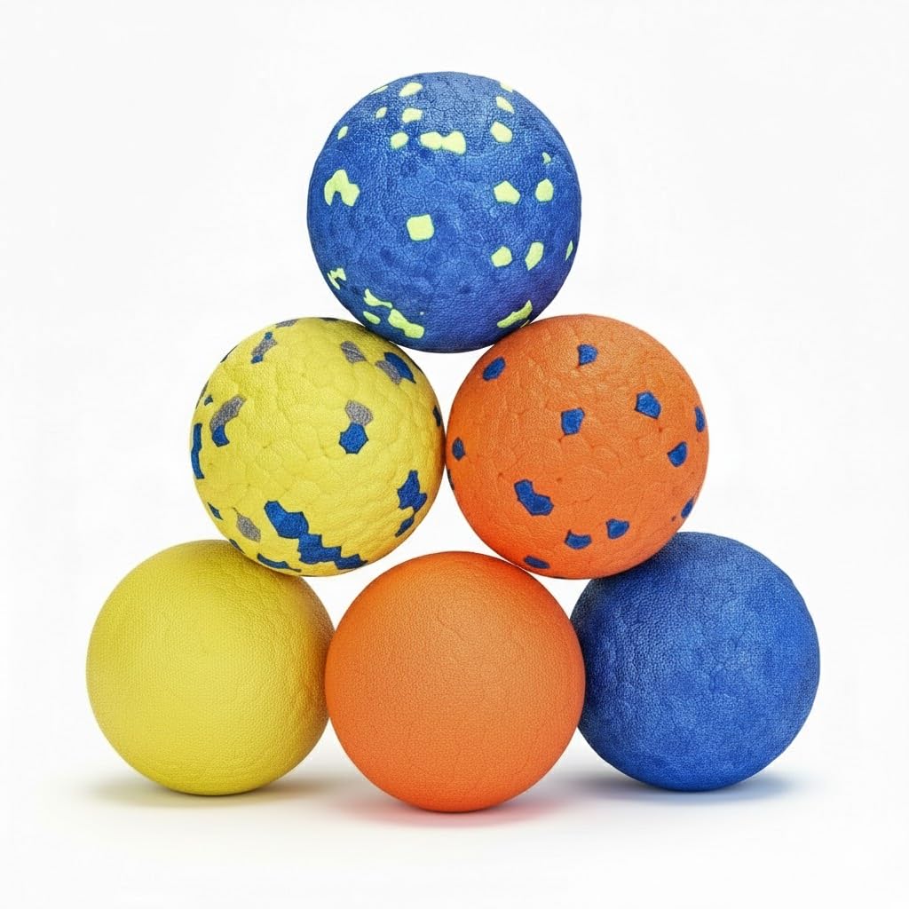 Petizer ETPU dog balls in blue and yellow, 6-pack for easy visual tracking.