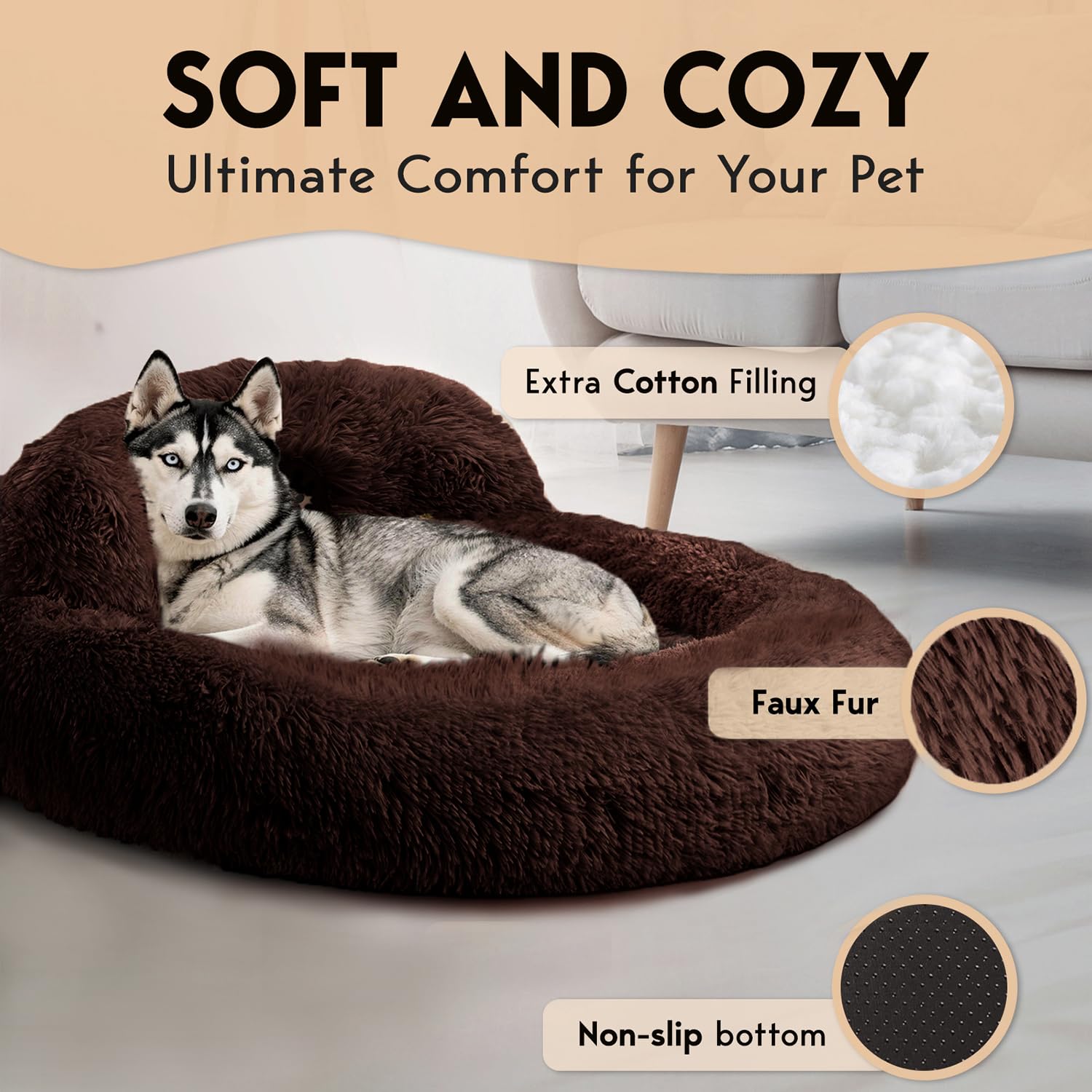 PetJett brown round bed faux fur closeup highlights ultra-soft texture.
