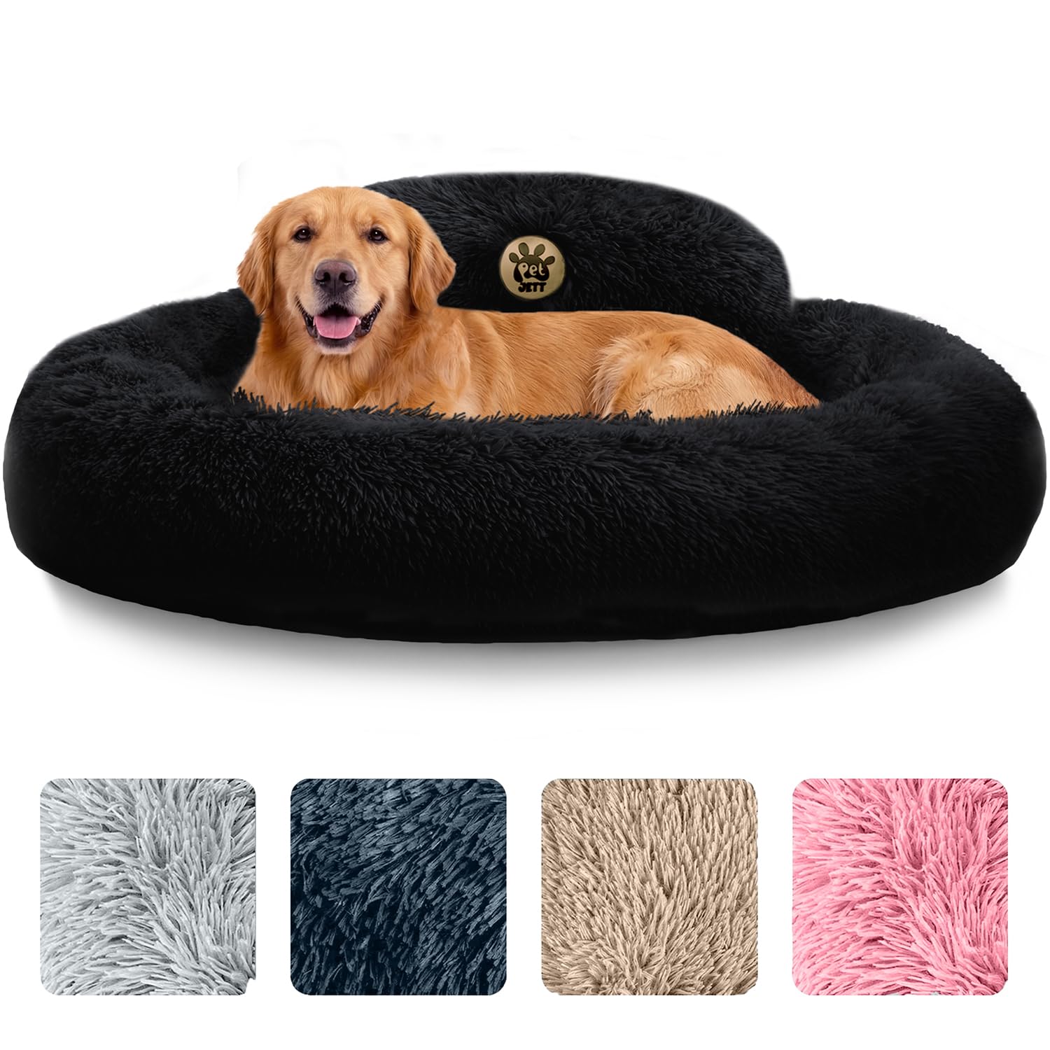 PetJett 36-inch donut bed in black offers calming comfort.