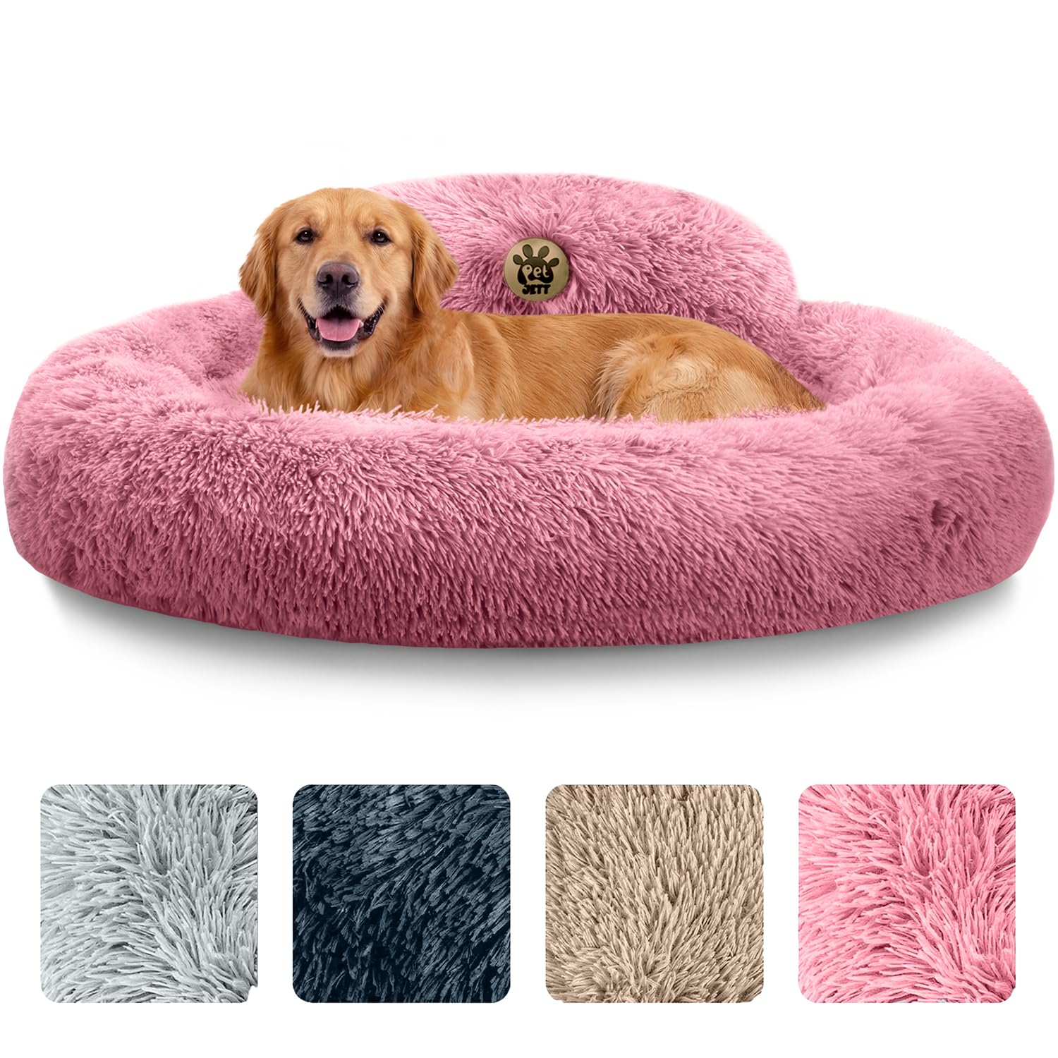 PetJett pink donut bed top view with plush fur and round shape for curling up