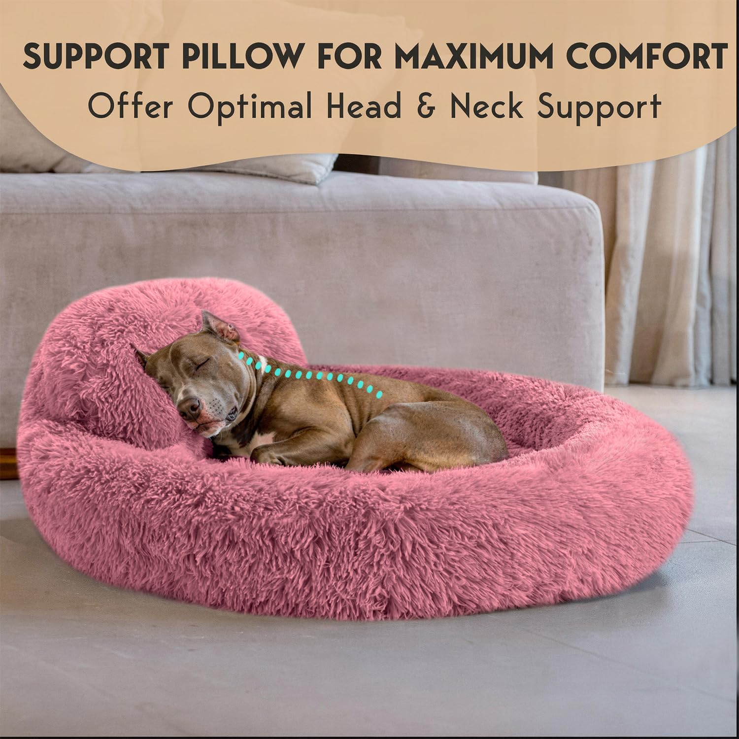 PetJett pink donut bed anti-slip bottom keeps bed in place on floors