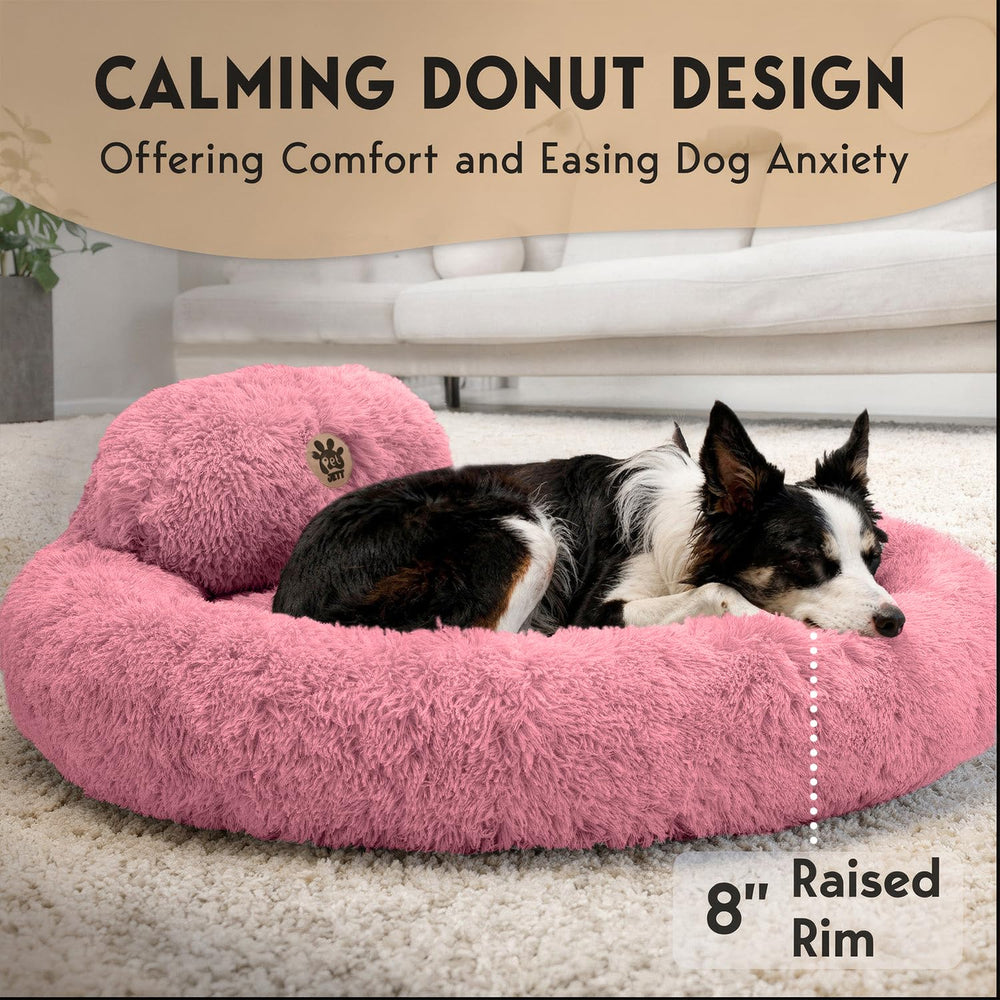 PetJett pink donut bed with removable pillow for enhanced neck comfort