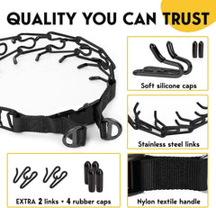 Chrome-plated links with silicone caps on PET JETT collar reduce skin irritation