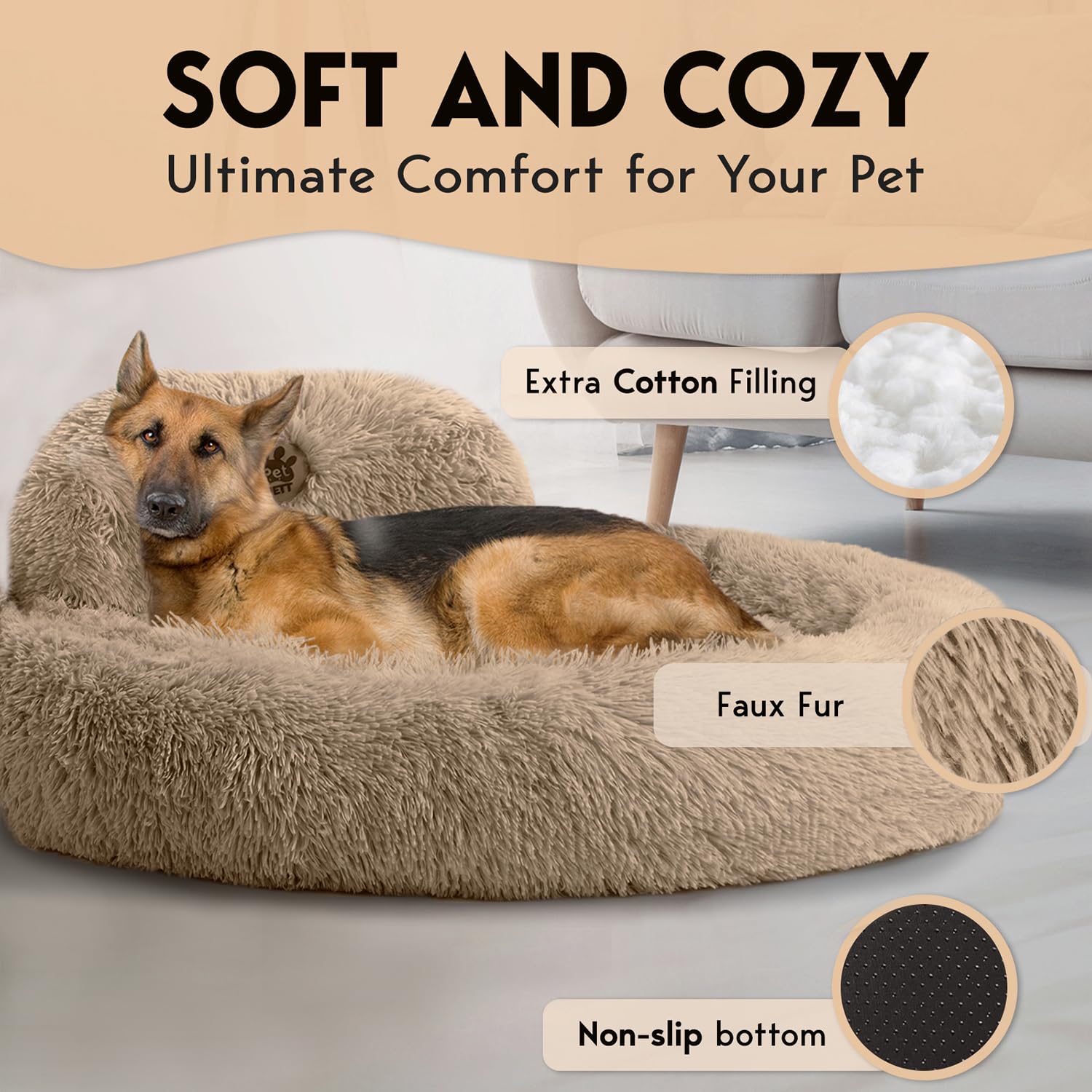 PET JETT plush faux fur cover provides luxurious softness for calm lounging.