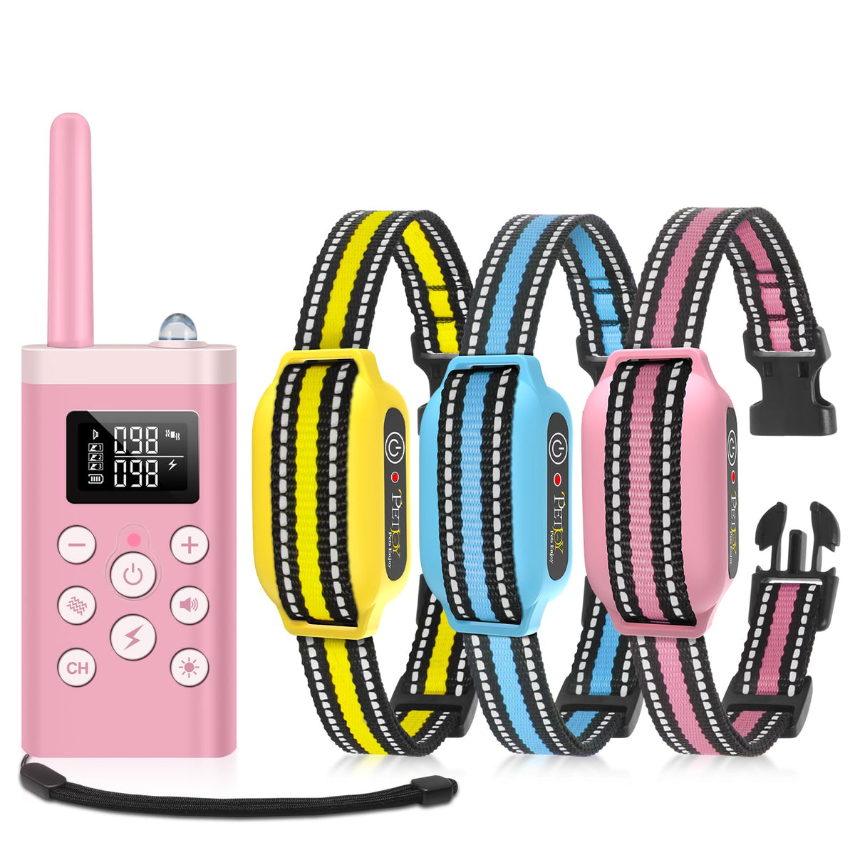 PetJoy three-dog bark collar set with remote for synchronized training outdoors.
