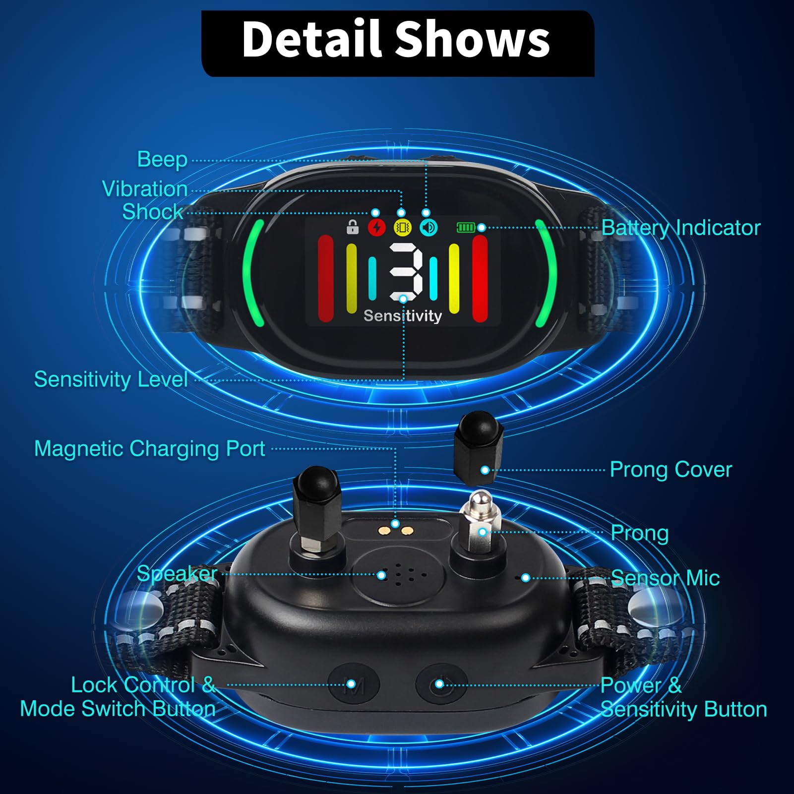 PetJoy Smart Bark Collar 3-sensitivity-levels label shows adjustable response.