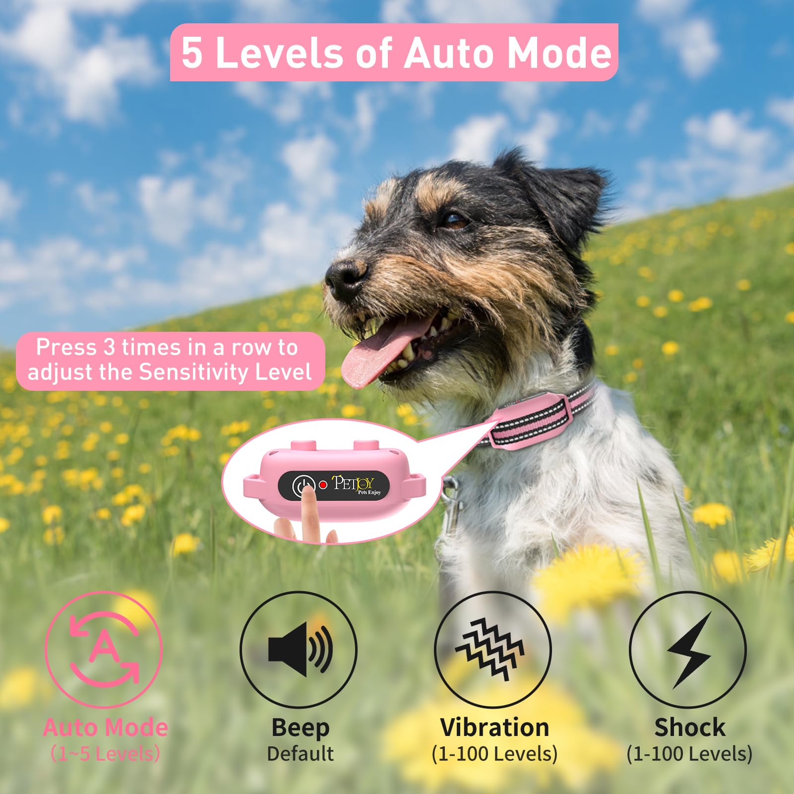 PetJoy four stimulation modes on the collar for adaptable training routines.