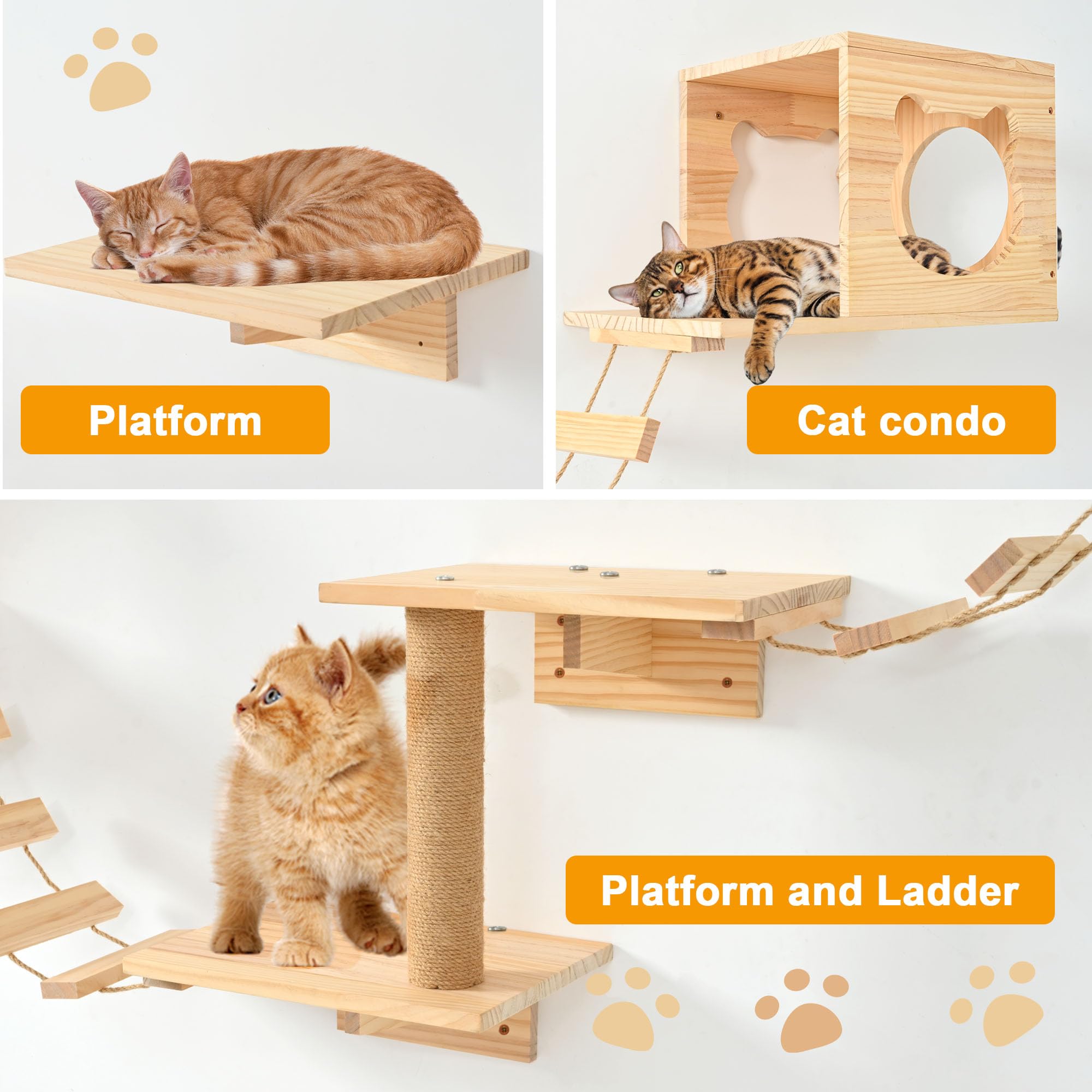 PETKABOO cat wall shelves in pine wood highlight sturdy construction and natural aesthetics.