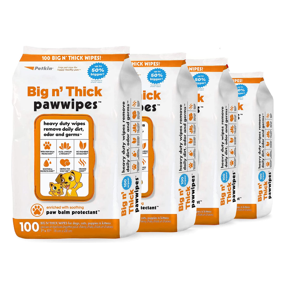 Petkin Big N' Thick Paw Wipes 100 wipes pack for fast post-walk cleanup.
