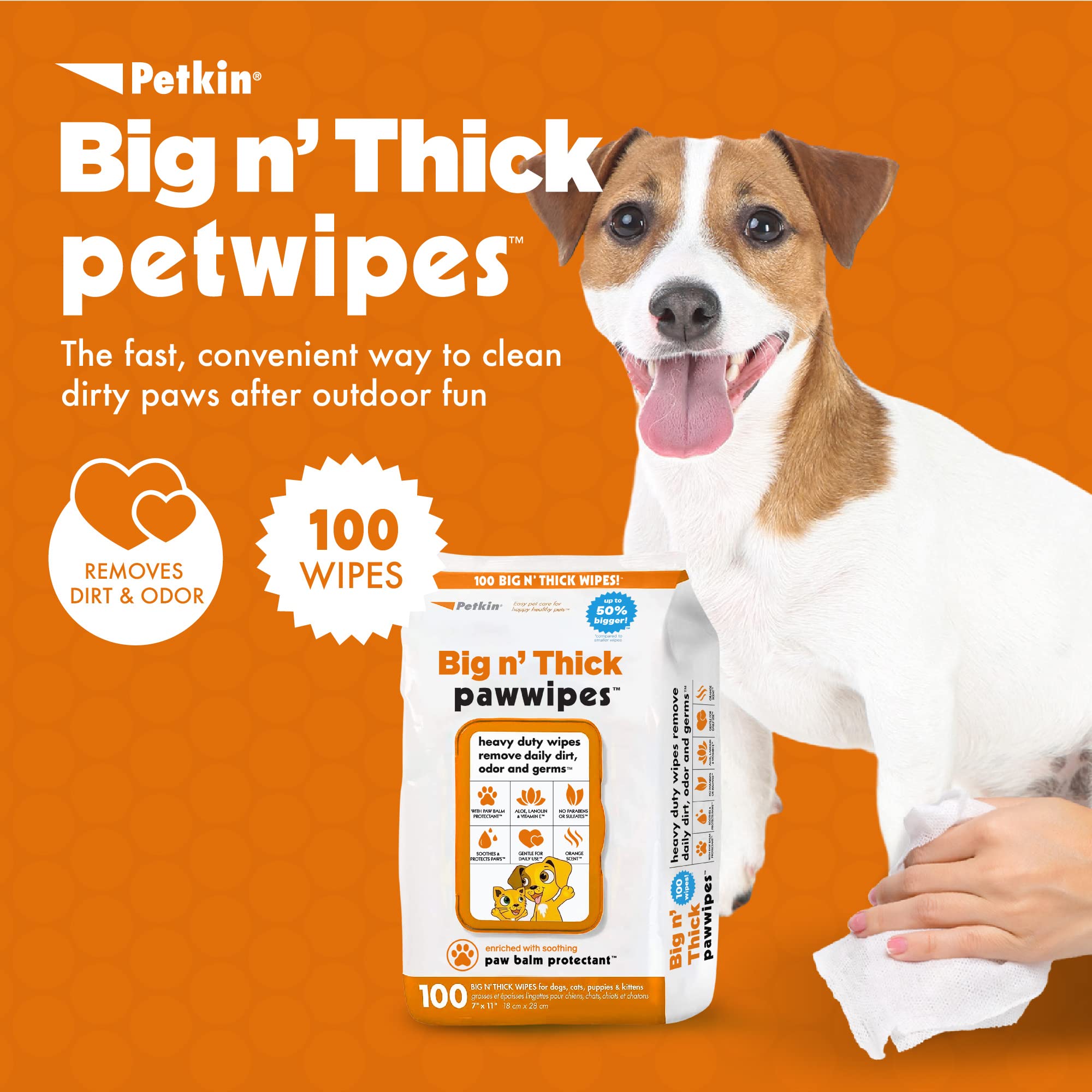 Petkin Big N' Thick Paw Wipes with orange scent refresh paws after outdoor play.