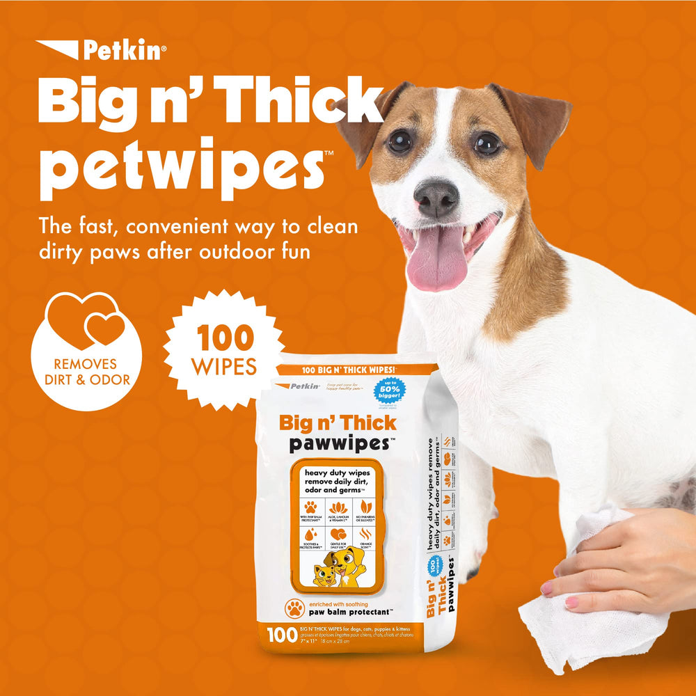 Petkin Big N' Thick Paw Wipes with orange scent refresh paws after outdoor play.
