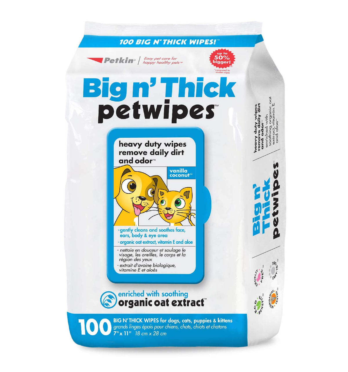 Petkin Big N' Thick Petwipes 100ct pack for quick, mess-free cleaning.