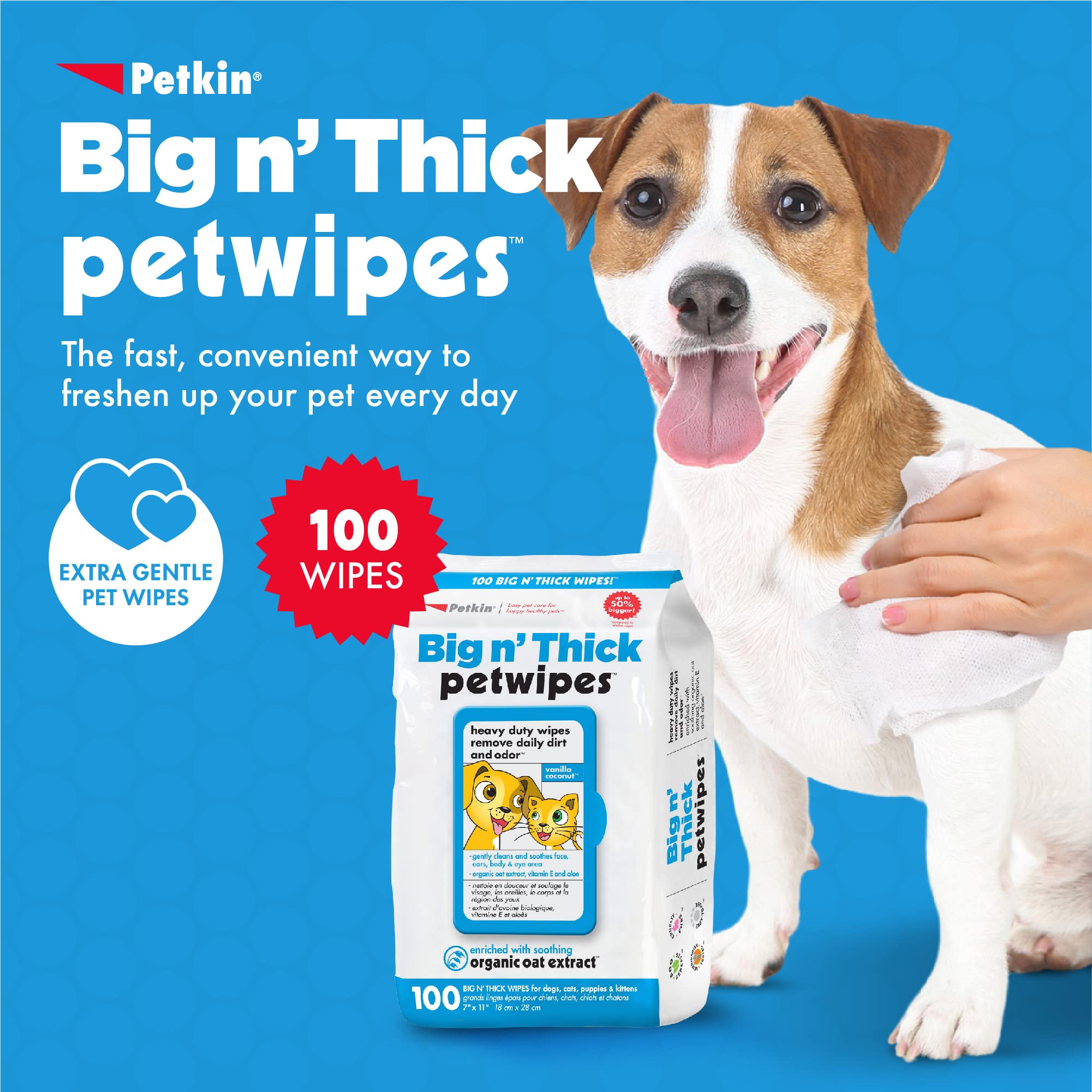Close-up of Petkin Big N' Thick wipe being dispensed for on-the-go use.
