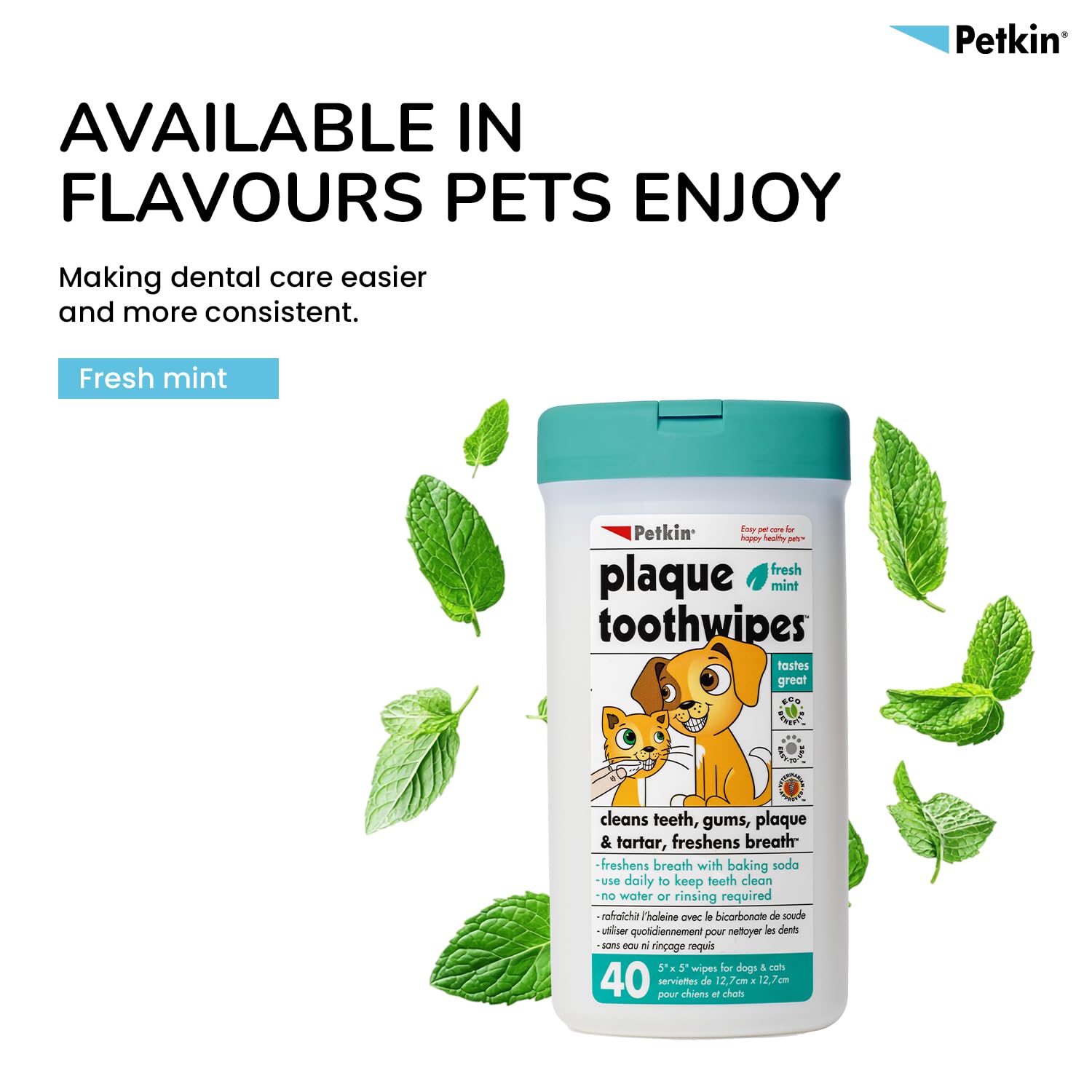 Petkin wipes used on a cat to freshen breath and clean teeth.