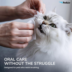 Closeup of a moistened Petkin wipe for gentle tooth and gum care.