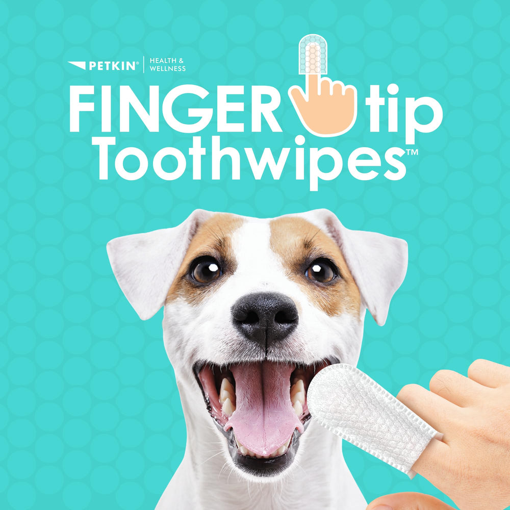 Petkin Fingertip Tooth Wipes with micro-bristle fabric clean teeth and gums effectively.