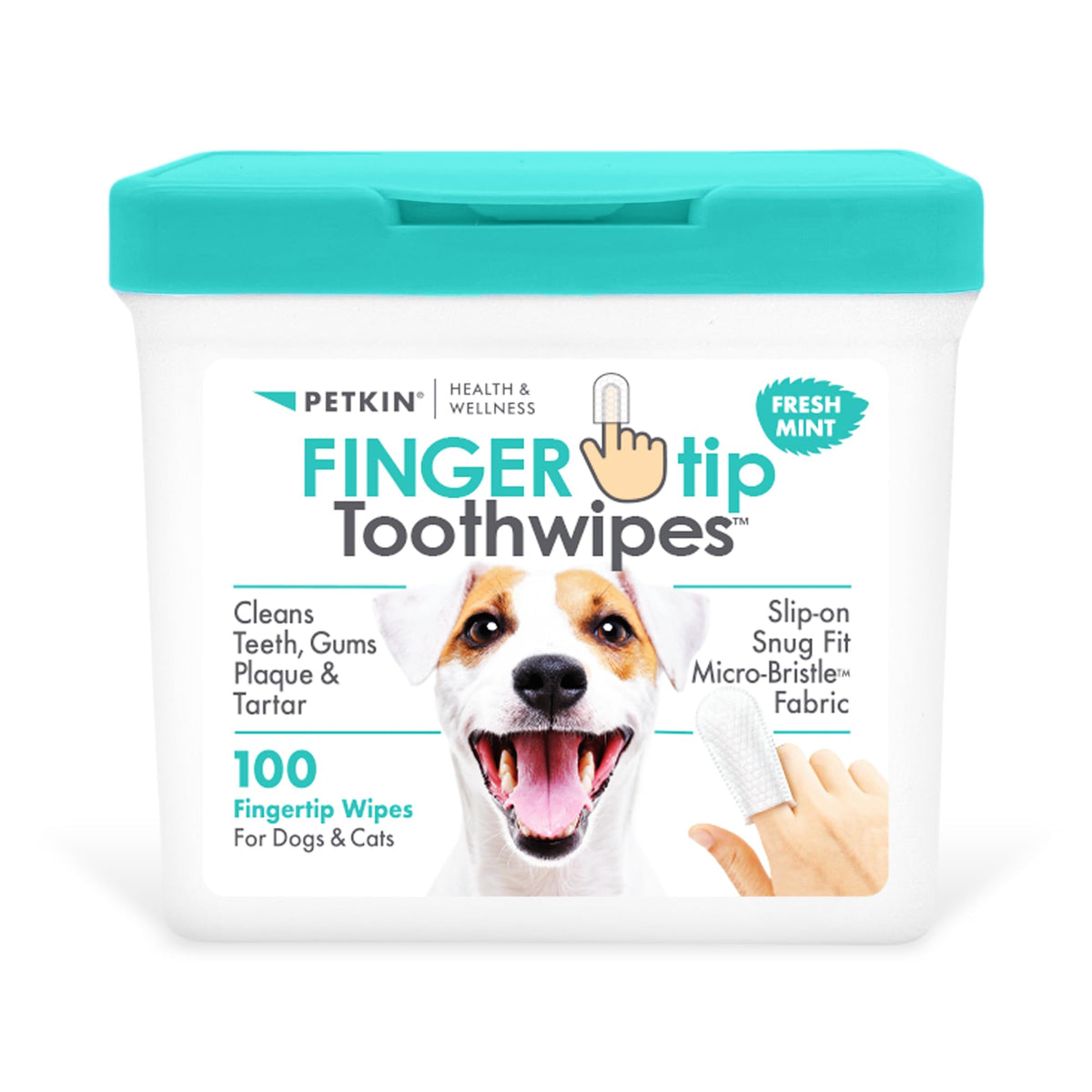 Petkin Fingertip Tooth Wipes slip-on design for easy at-home dental care.