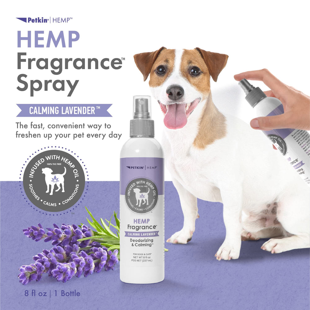 Petkin Hemp Fragrance being sprayed on a dog for deodorizing