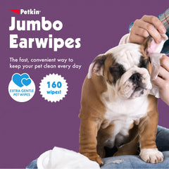 Petkin Jumbo Ear Wipes two-pack packaging shows value and portability.