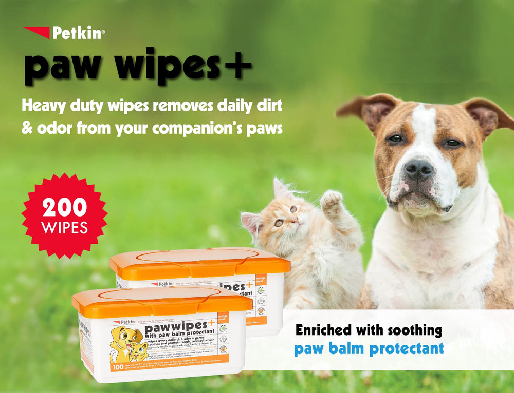 Petkin Paw Wipes Plus close-up showing absorbent wipes for dirt and odor removal.
