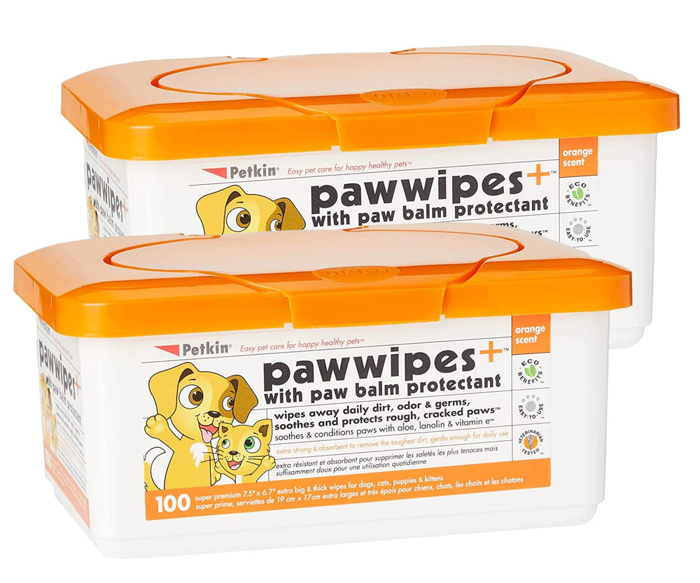 Petkin Paw Wipes Plus tub with orange-scented wipes for quick outdoor paw cleaning.